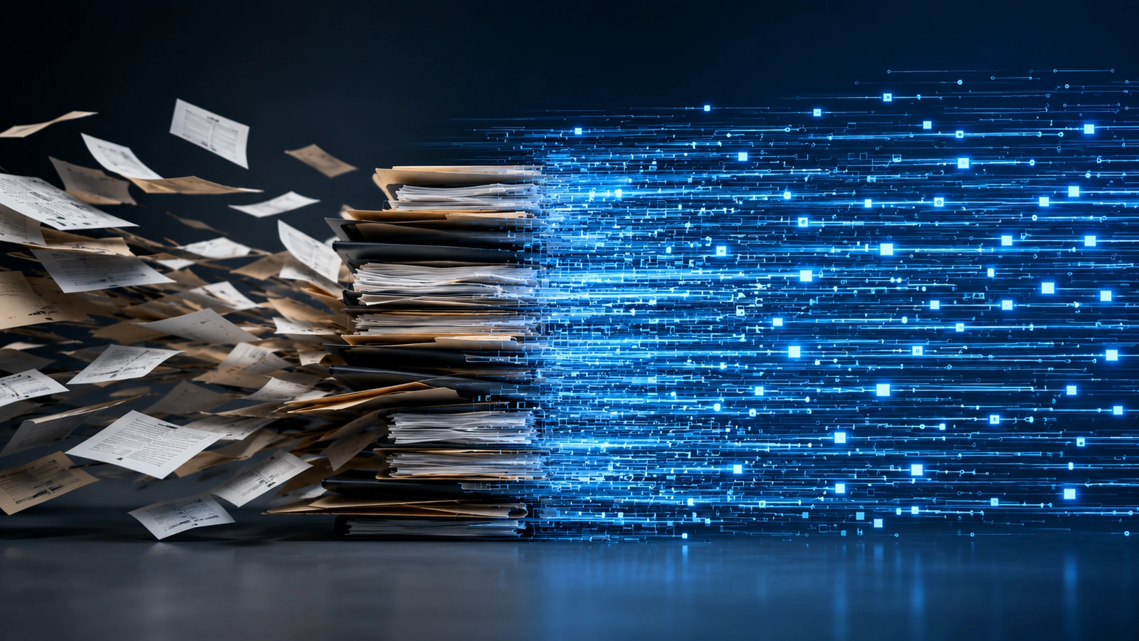 Stack of legal files transforming into blue digital flow