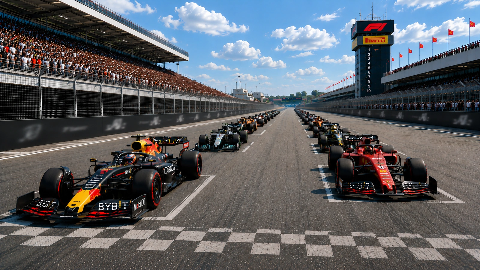 Race cars lined up on a starting grid