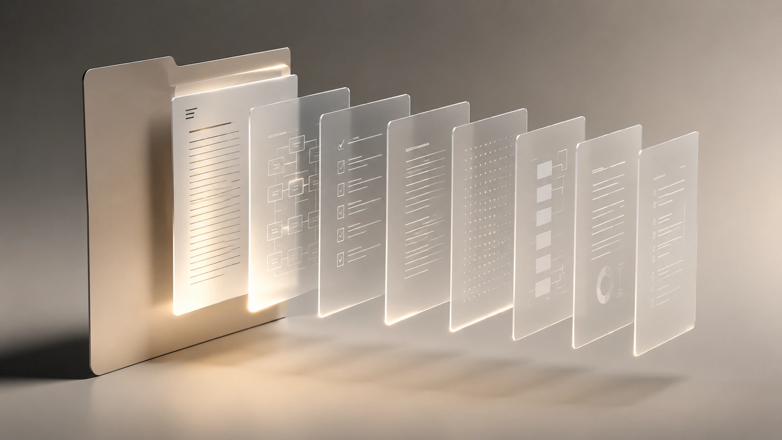 Translucent document layers emerging from a folder