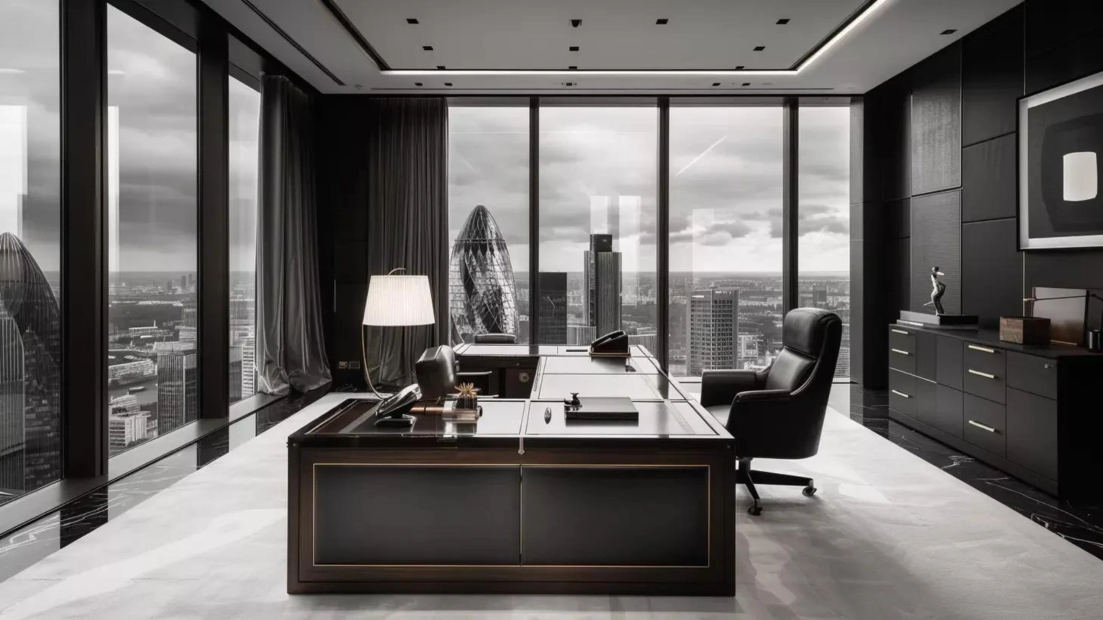 Private executive office overlooking a city skyline