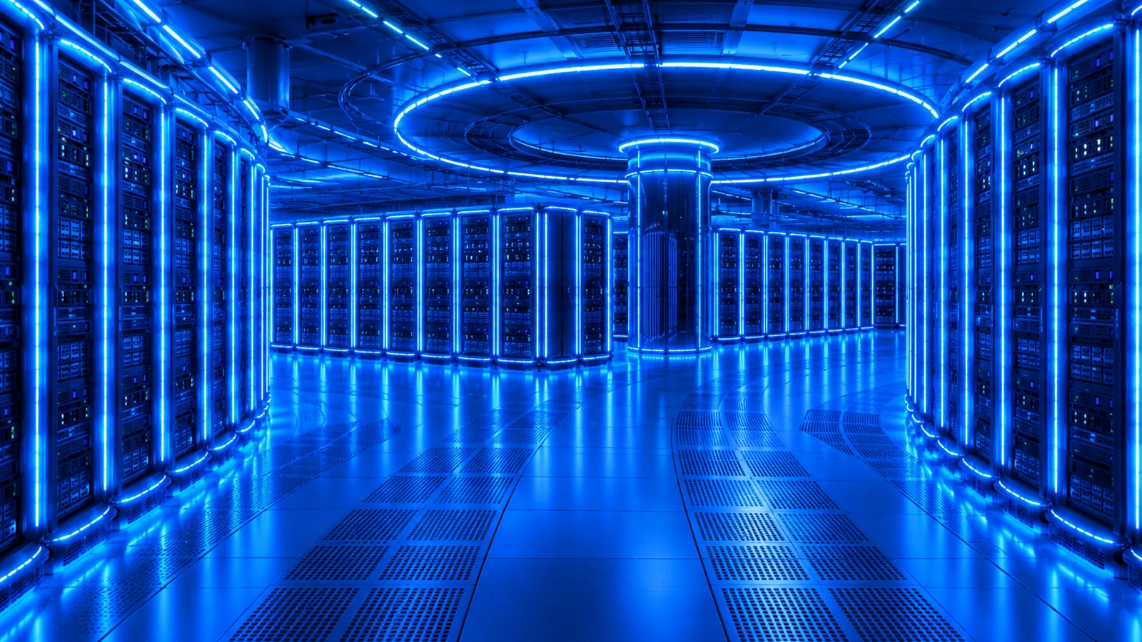 Blue-lit data center corridor