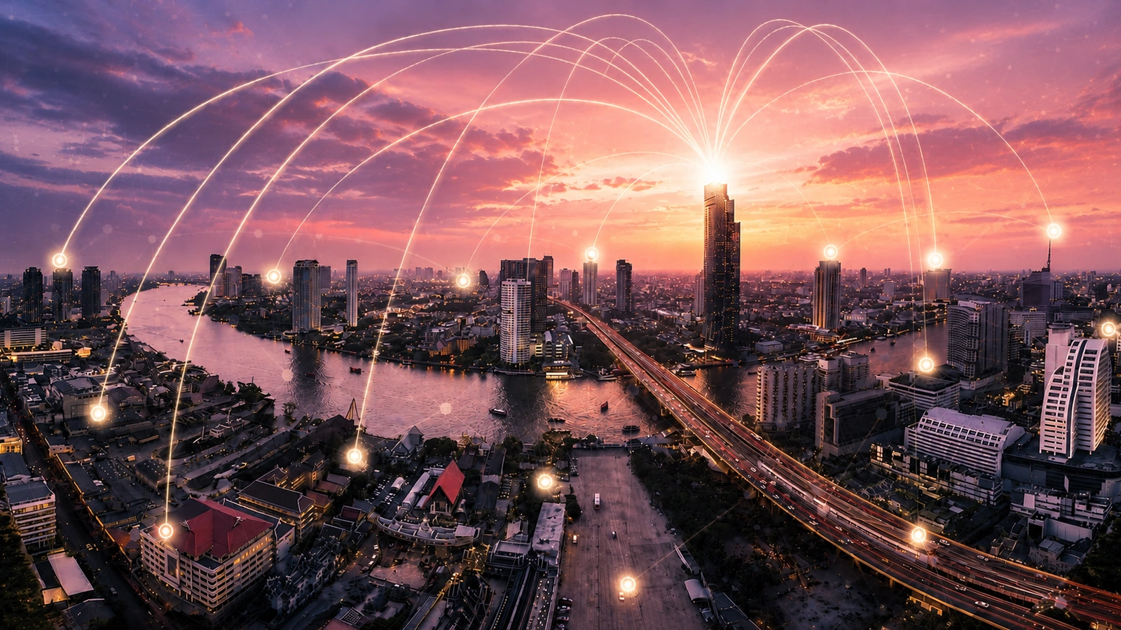 City skyline connected by luminous arcs at sunset