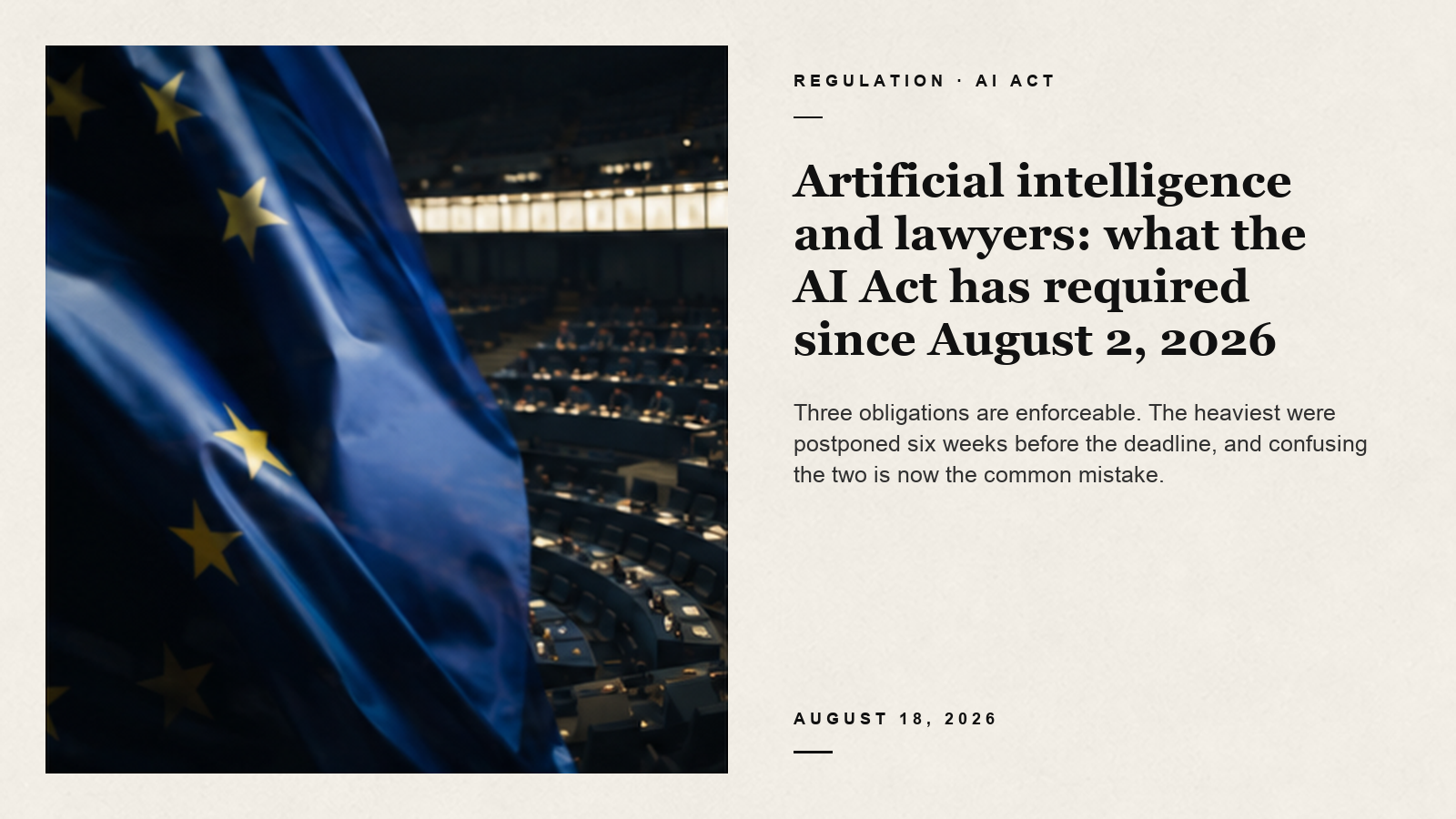 Editorial card about AI Act obligations, with a European Union flag inside the European Parliament