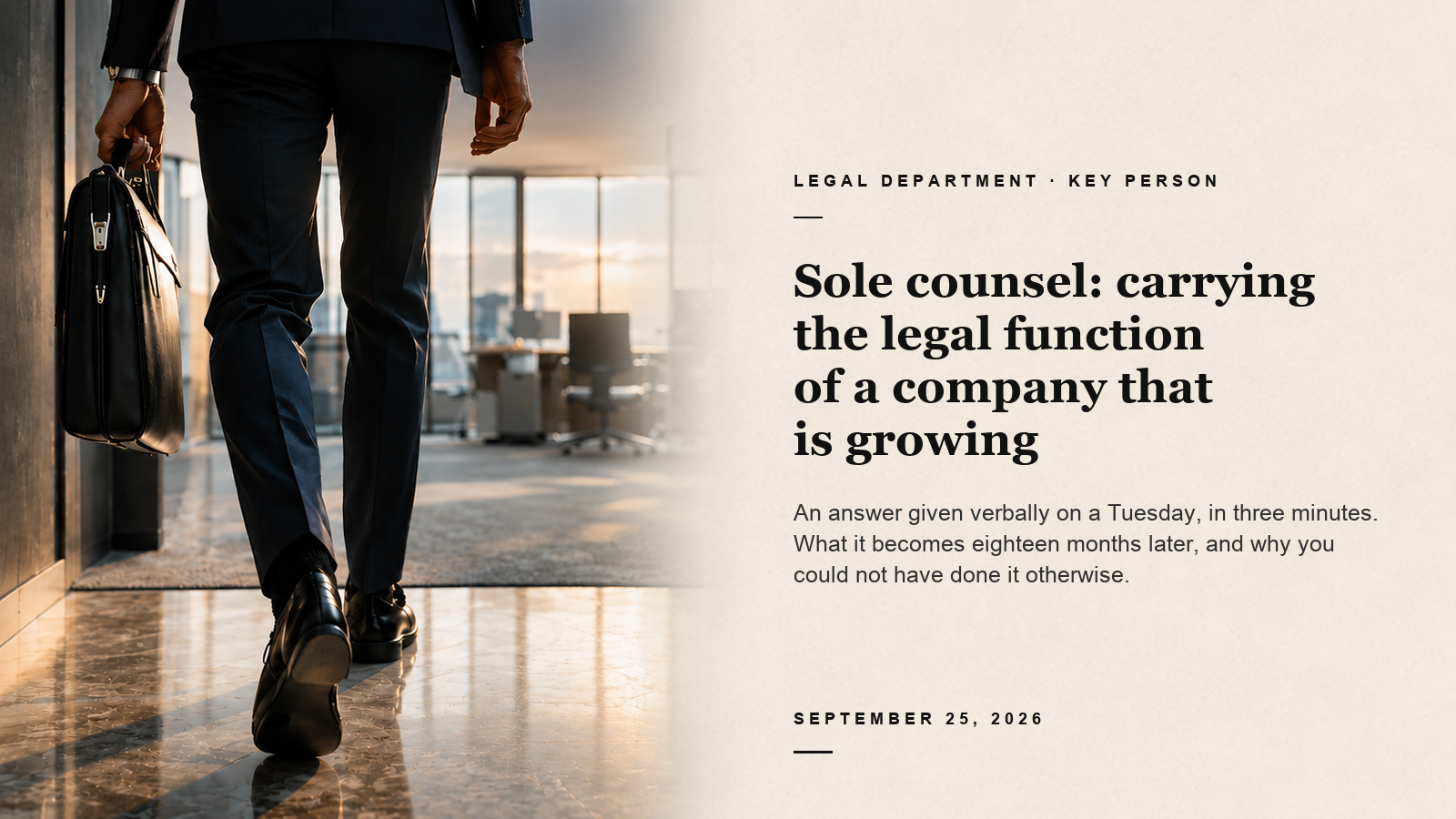 Lawyer carrying a briefcase through an office, fading into an ivory text area on the right