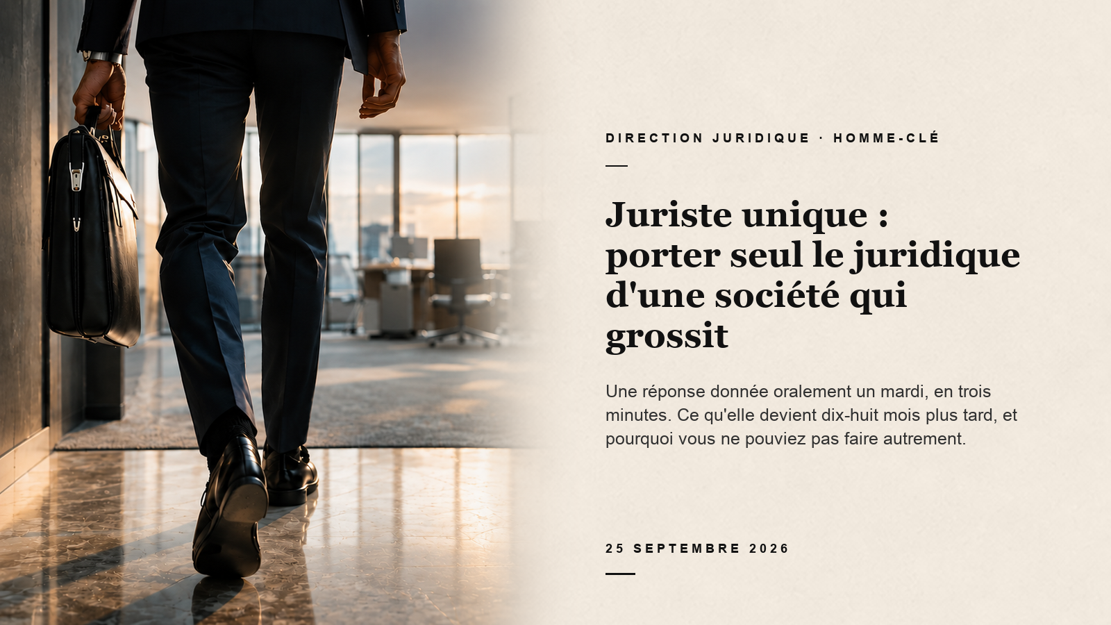 Juriste portant une mallette dans des bureaux, avec une transition fondue vers le texte sur fond ivoire à droite