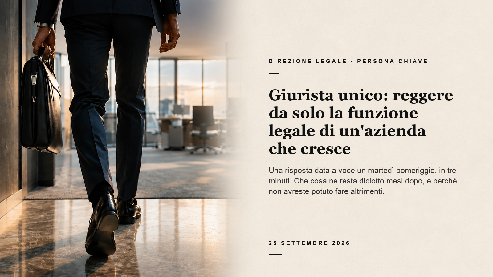 Giurista con una valigetta in un ufficio, con una sfumatura verso il testo su fondo avorio a destra