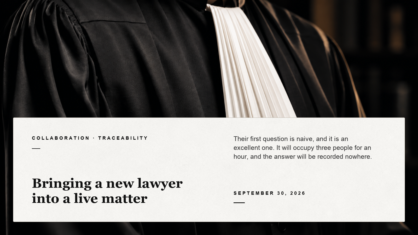 Close-up of a black legal gown and white neck bands, with a lower ivory editorial panel about bringing a lawyer into a live matter