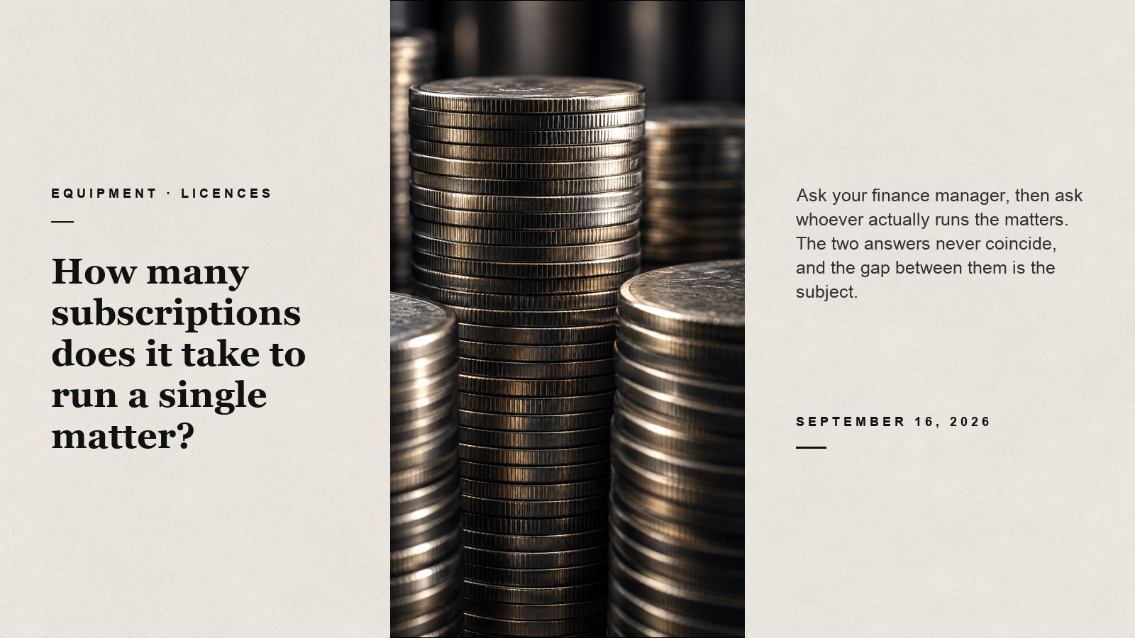 Editorial card about legal tool subscriptions, with a close-up of bronze-toned coin stacks between two text panels