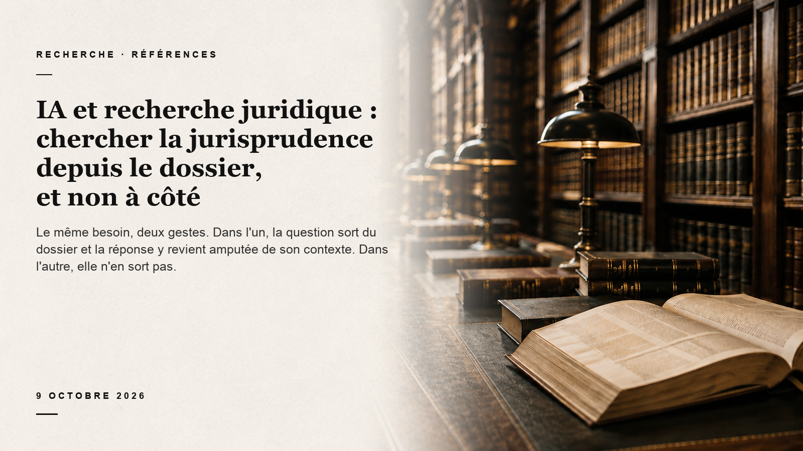 Carte éditoriale sur la recherche juridique depuis le dossier, au-dessus d'une bibliothèque de droit patrimoniale éclairée par des lampes en laiton