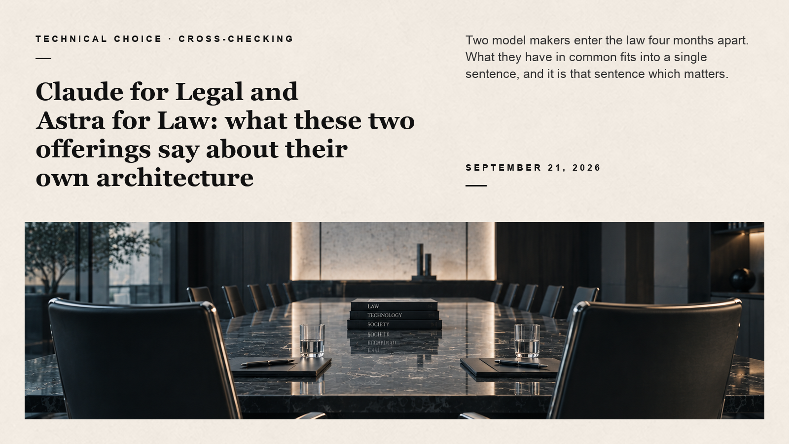 Editorial card about Claude for Legal and Astra for Law, with two chairs facing a marble boardroom table beneath an ivory text panel