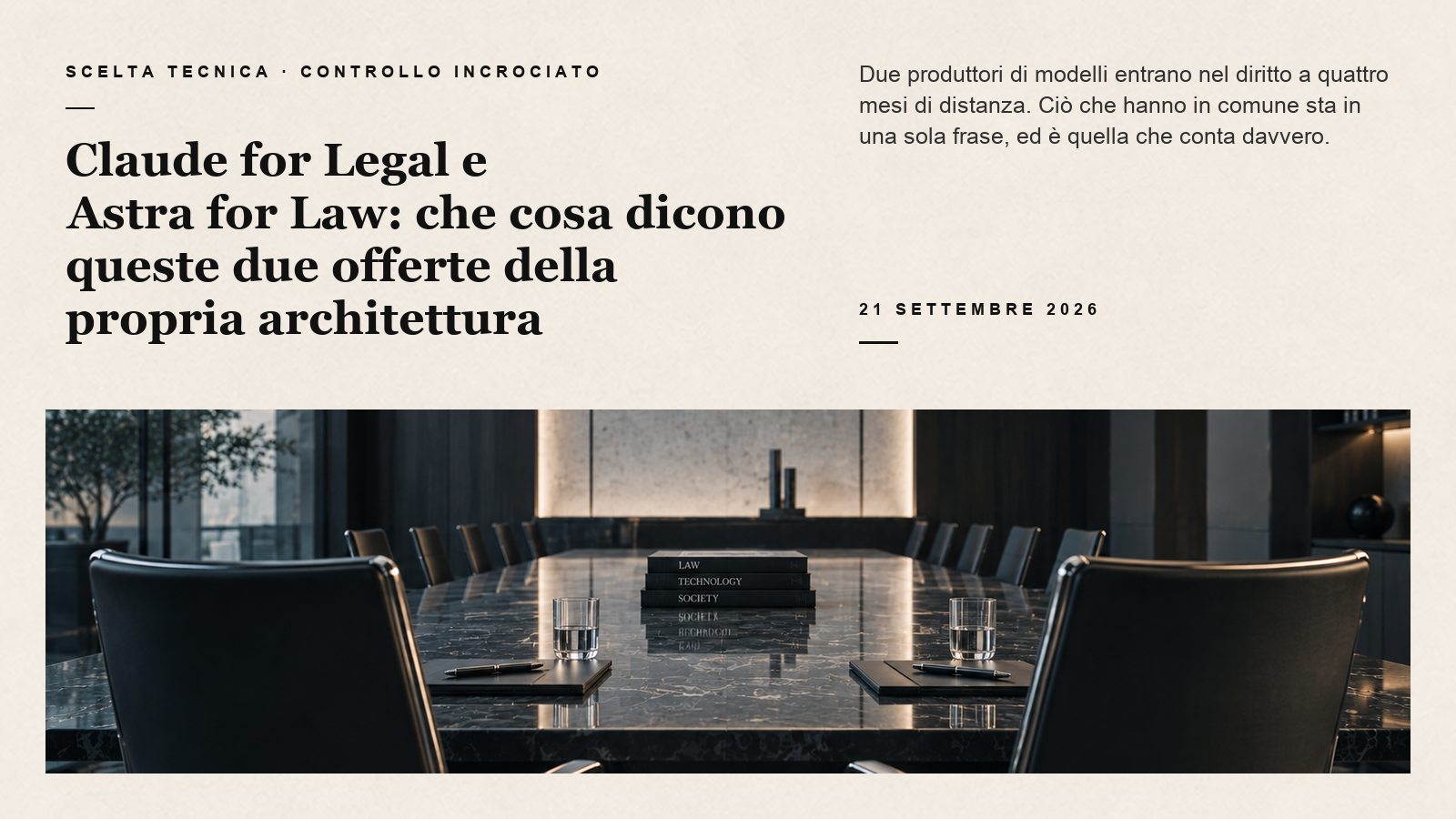 Scheda editoriale su Claude for Legal e Astra for Law, con due poltrone davanti a un tavolo da riunione in marmo sotto un pannello di testo avorio