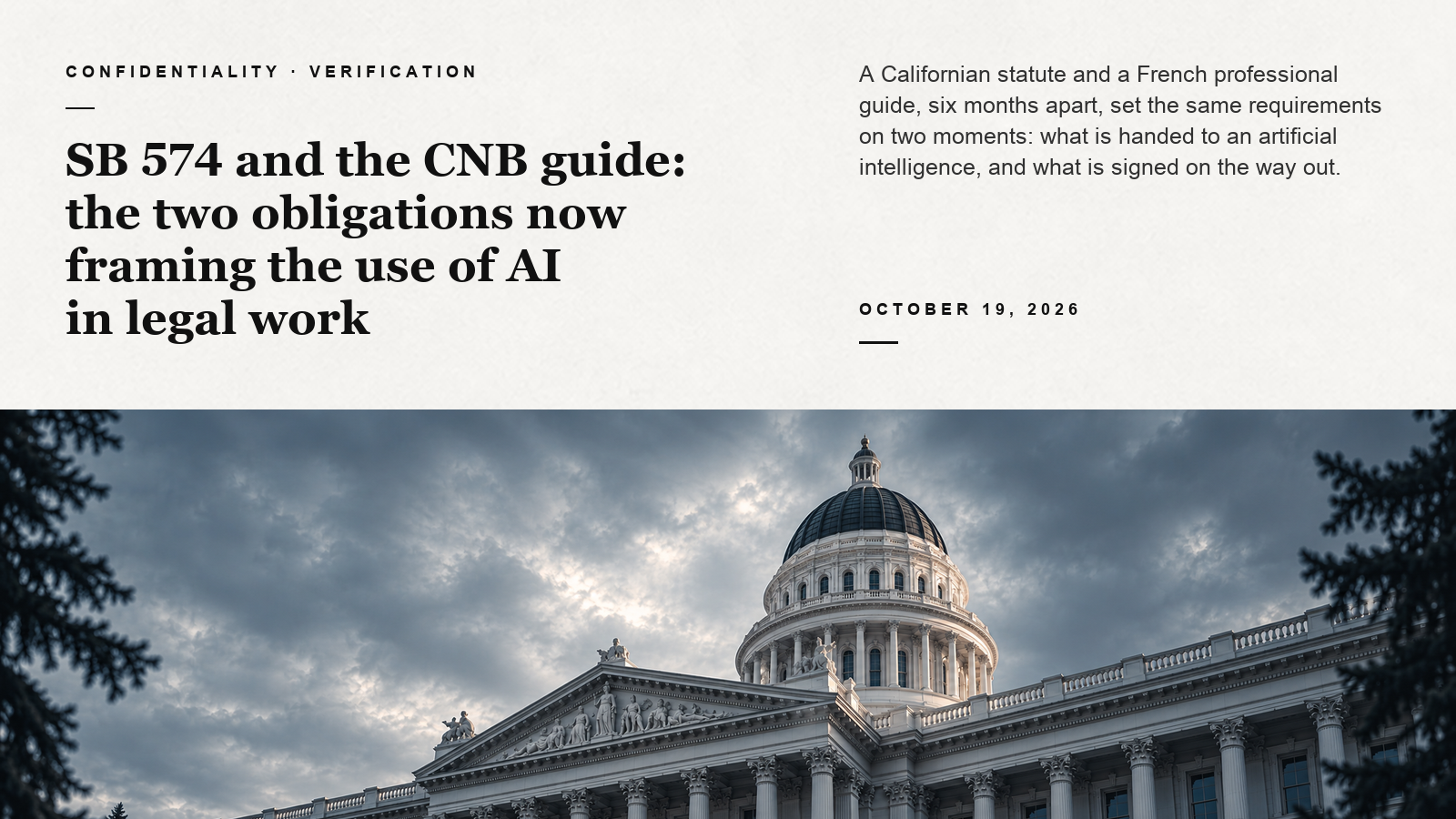 Stylized low-angle view of the California State Capitol beneath a blue-gray sky, below an editorial panel about SB 574 and the CNB guide