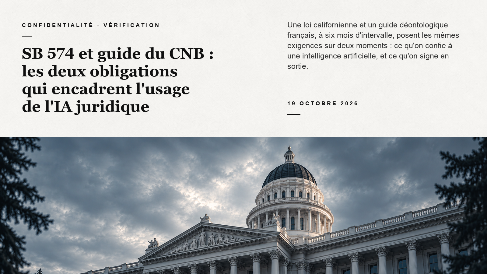 Vue stylisée en contre-plongée du Capitole de Californie sous un ciel bleu-gris, sous un panneau éditorial sur SB 574 et le guide du CNB