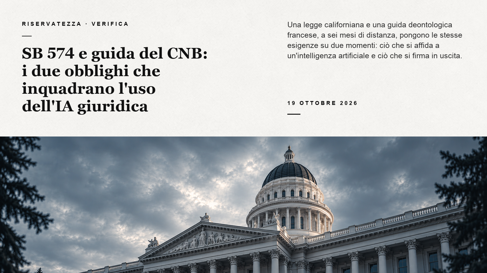 Veduta stilizzata dal basso del Campidoglio della California sotto un cielo grigio-blu, sotto un pannello editoriale su SB 574 e la guida del CNB
