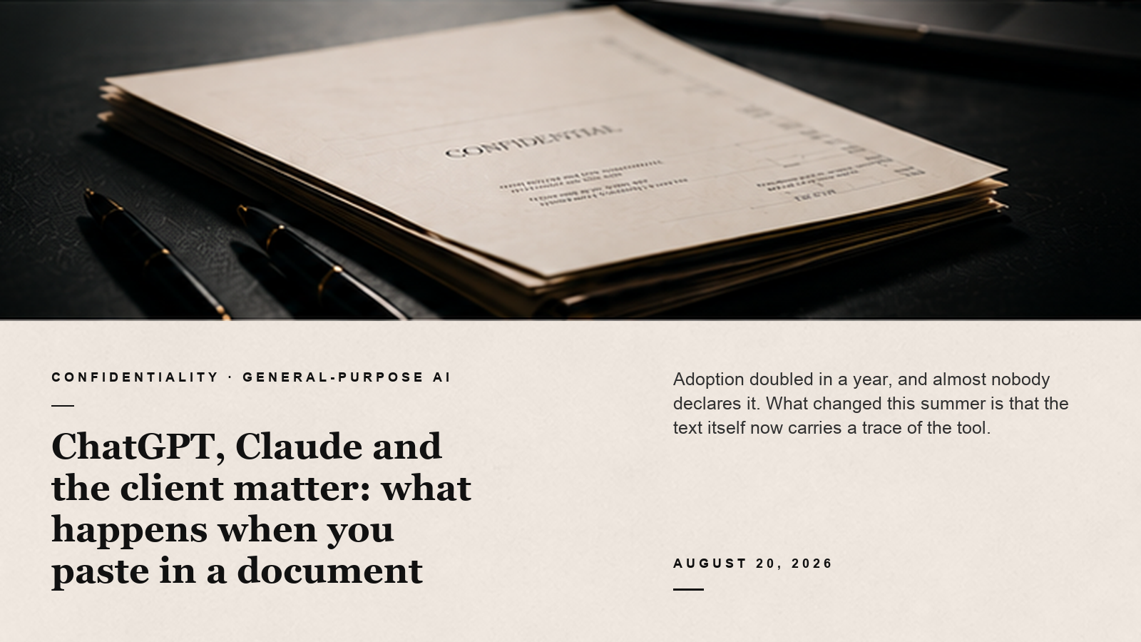 Editorial card about AI tool confidentiality above a confidential file