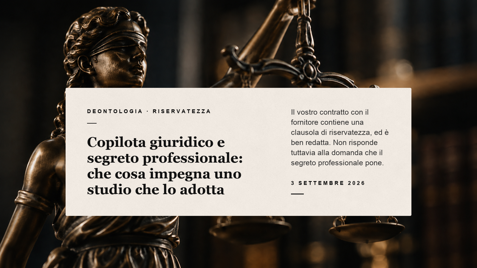 Scheda editoriale sul segreto professionale e l'adozione di un copilota giuridico su una fotografia bronzea della Giustizia
