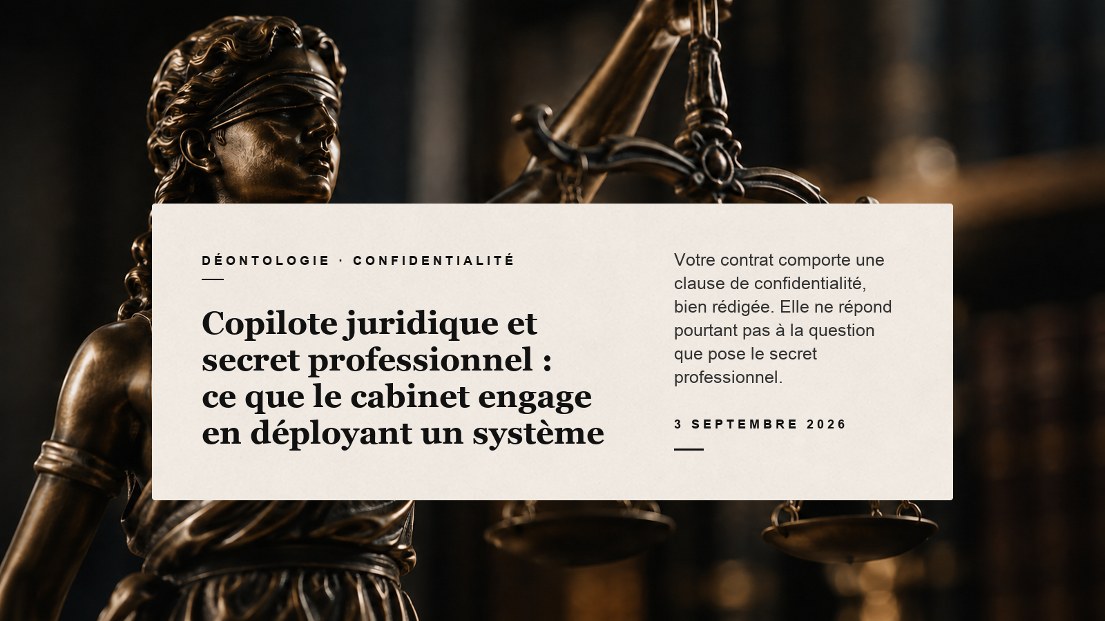 Carte éditoriale sur le secret professionnel et le déploiement d'un copilote juridique, devant une statue de la Justice en bronze