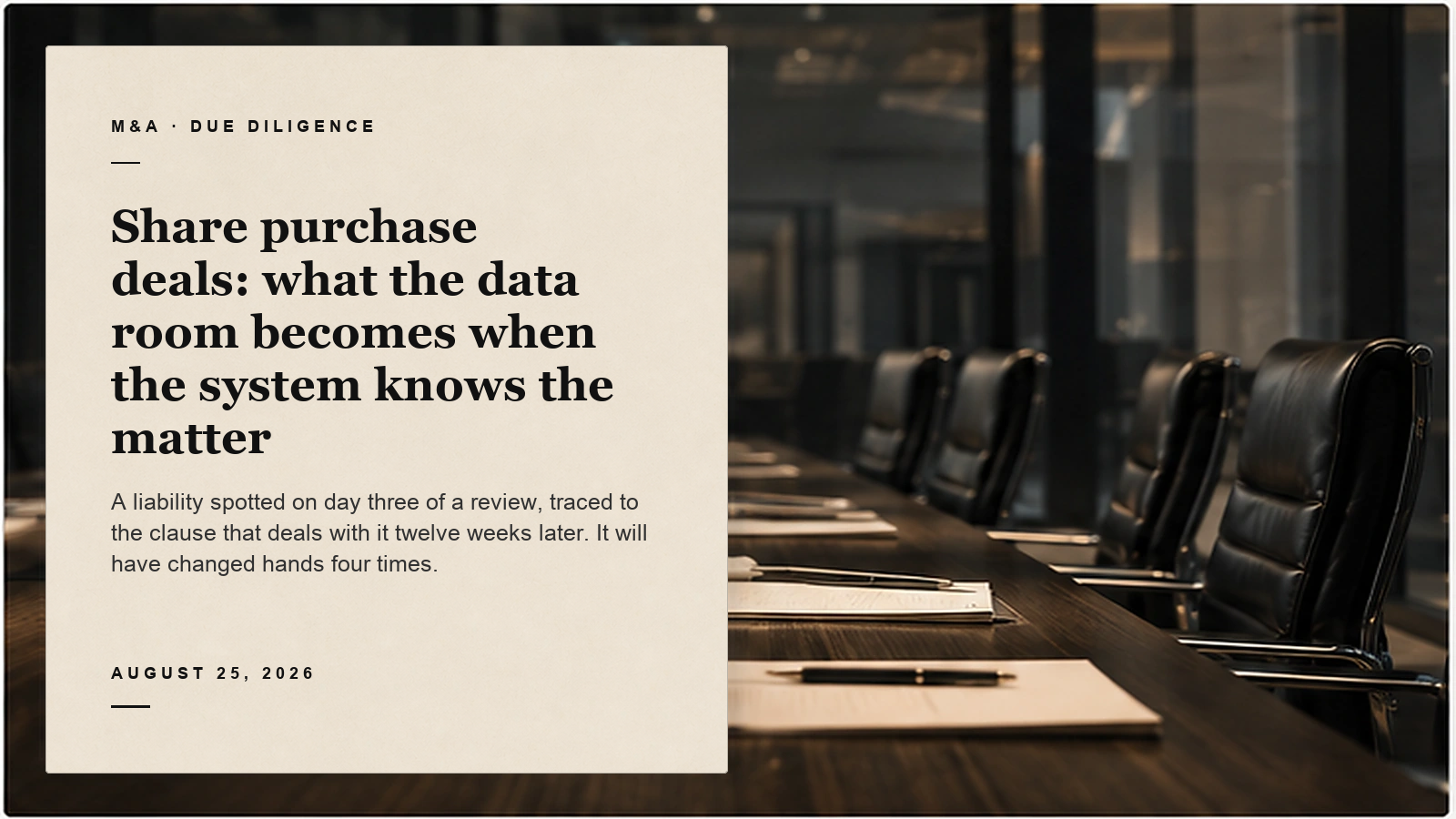 Editorial card about a share purchase data room over a boardroom photograph