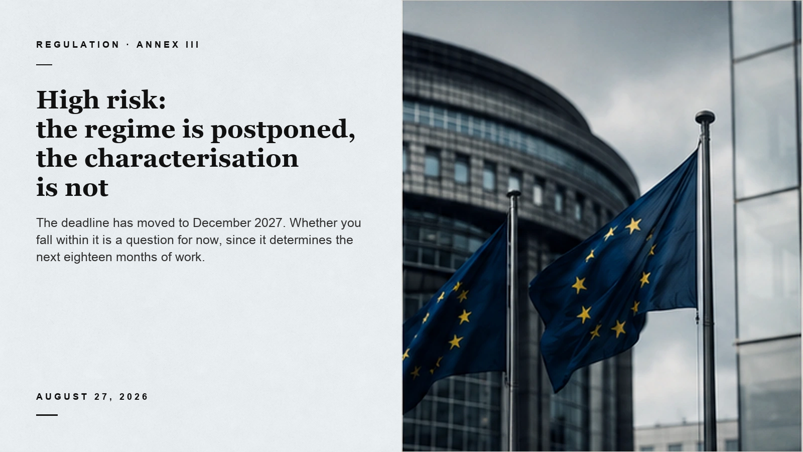 Editorial card about AI Act high-risk characterisation beside European Union flags
