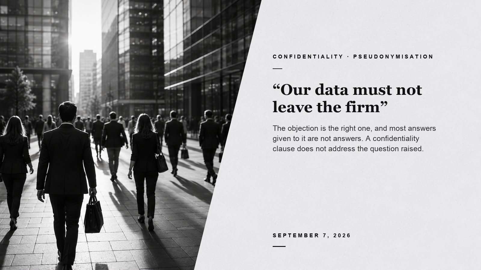 Editorial card about law-firm data confidentiality, with professionals walking between office buildings