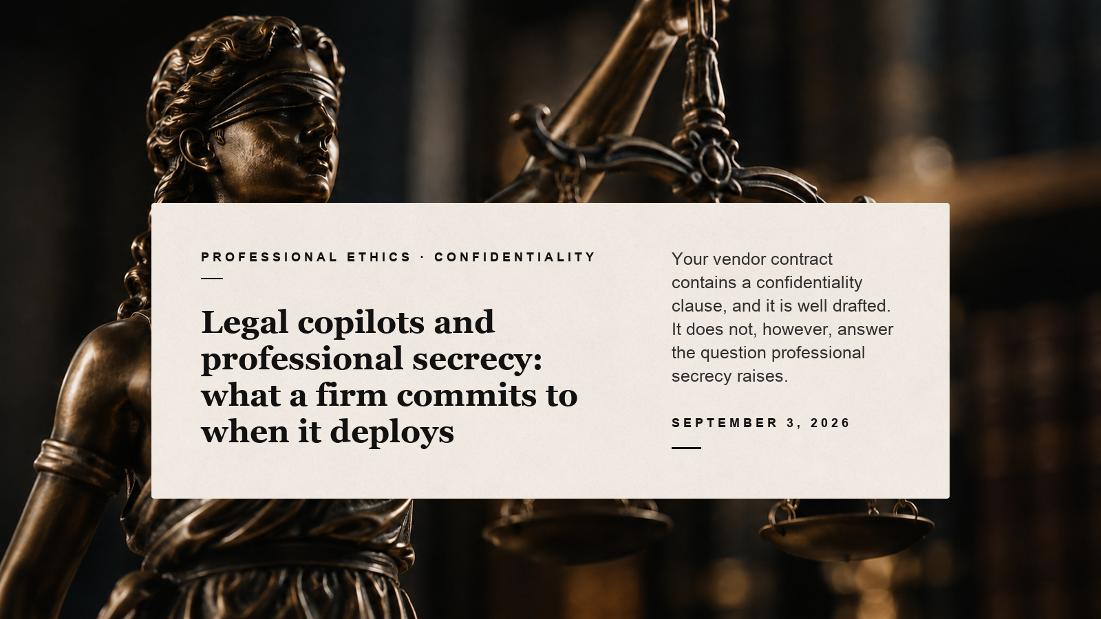 Editorial card about professional secrecy and legal copilot deployment over a bronze Lady Justice photograph
