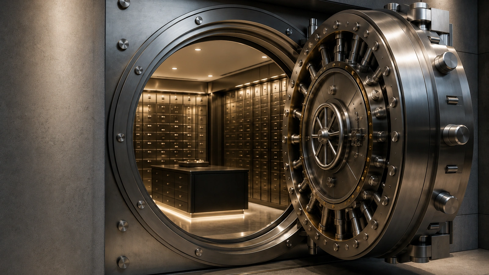 Open vault door revealing secure deposit boxes