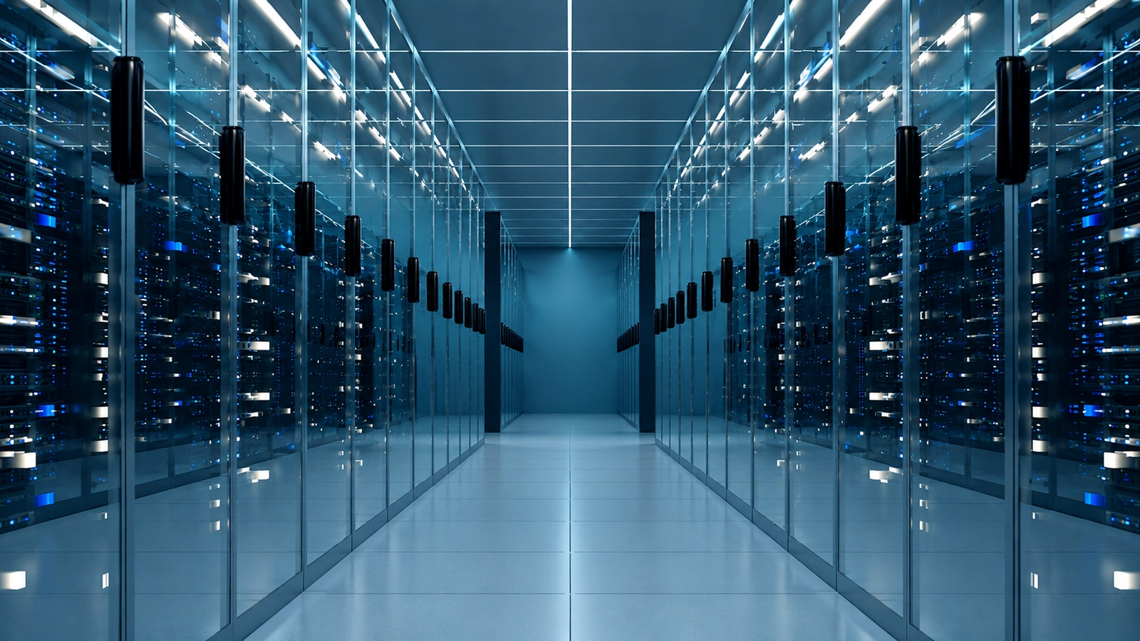 Glass data center corridor with illuminated server racks