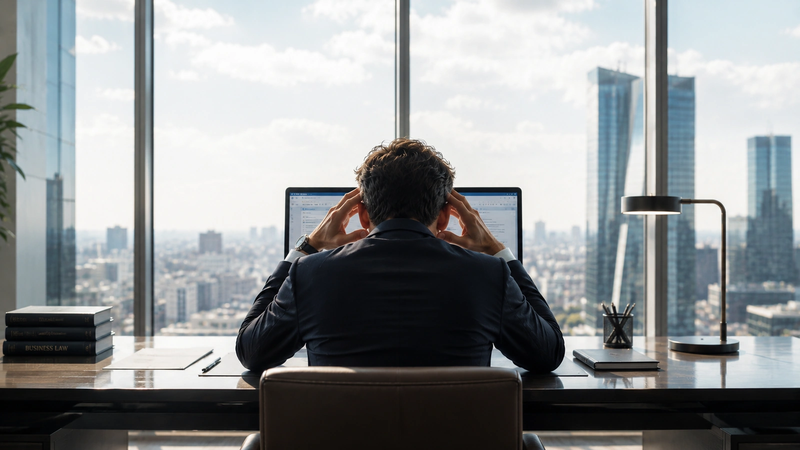 Lawyer at a desk facing a laptop and city skyline
