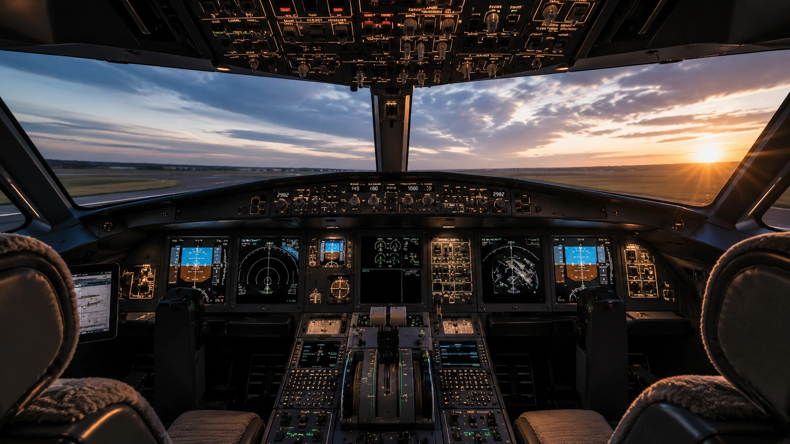 Cockpit d’avion au coucher du soleil avant le décollage