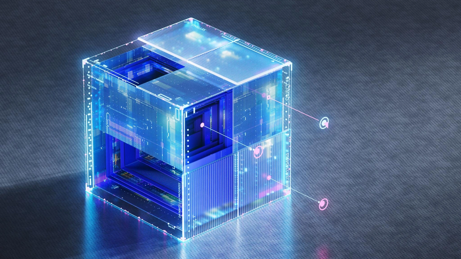 Transparent digital cube on a dark technical surface