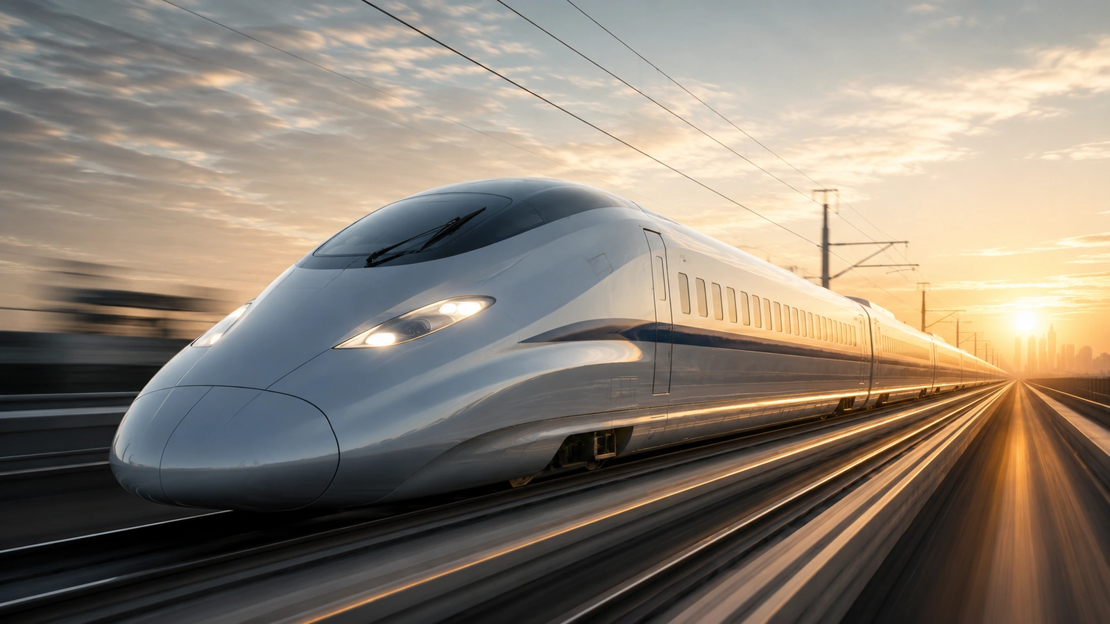 Treno ad alta velocità al tramonto verso uno skyline lontano