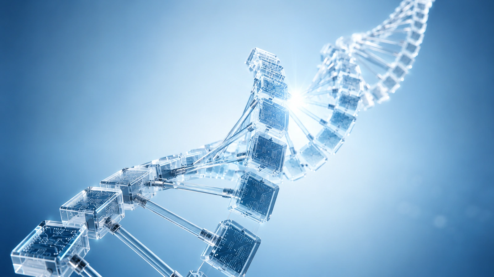 Transparent digital chain of blocks curving through blue light