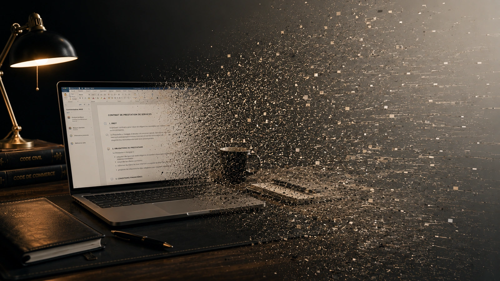 Legal workstation dissolving into digital fragments