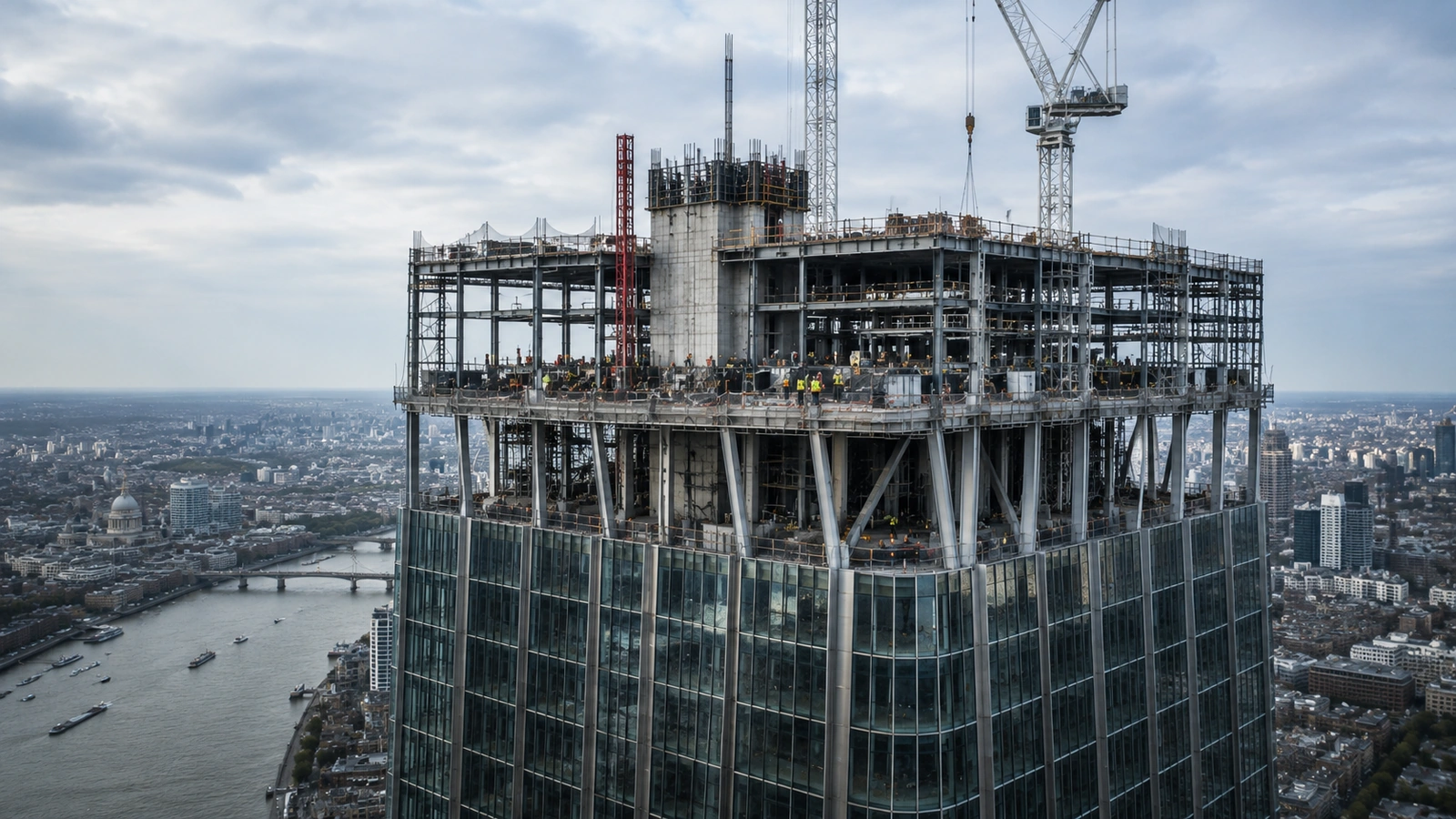 High-rise building under construction above a city skyline