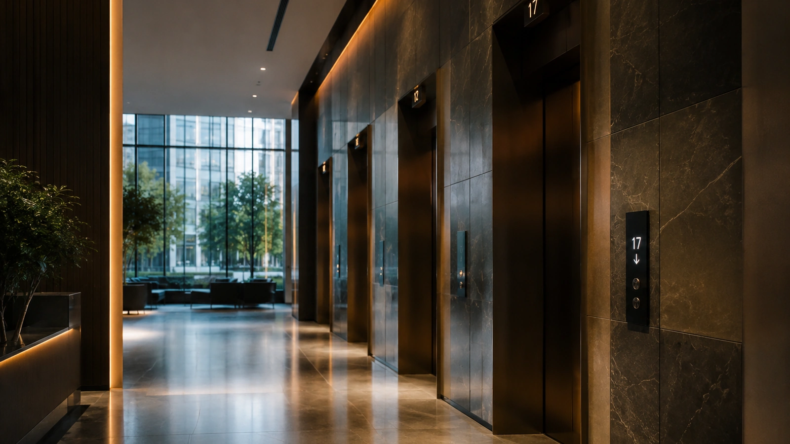 Quiet elevator lobby with numbered doors in a modern office tower
