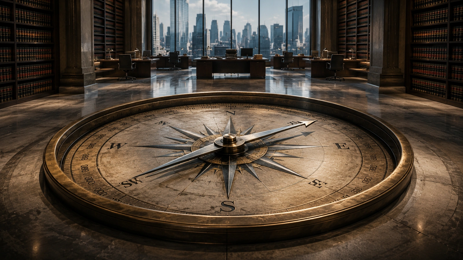 Large compass embedded in the floor of a law library