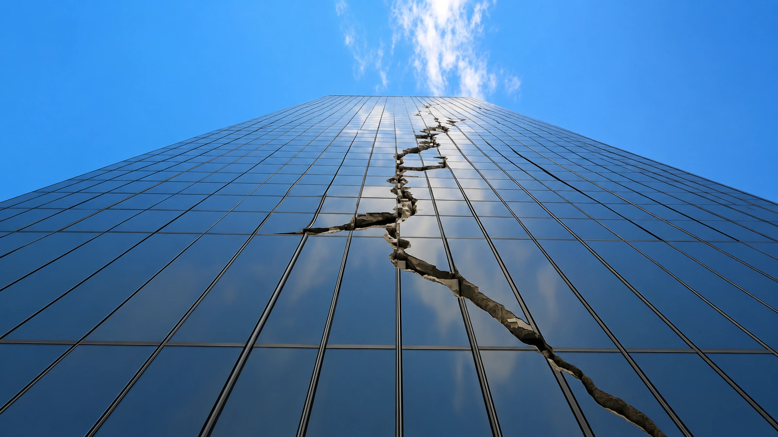 Crack running up a glass building facade