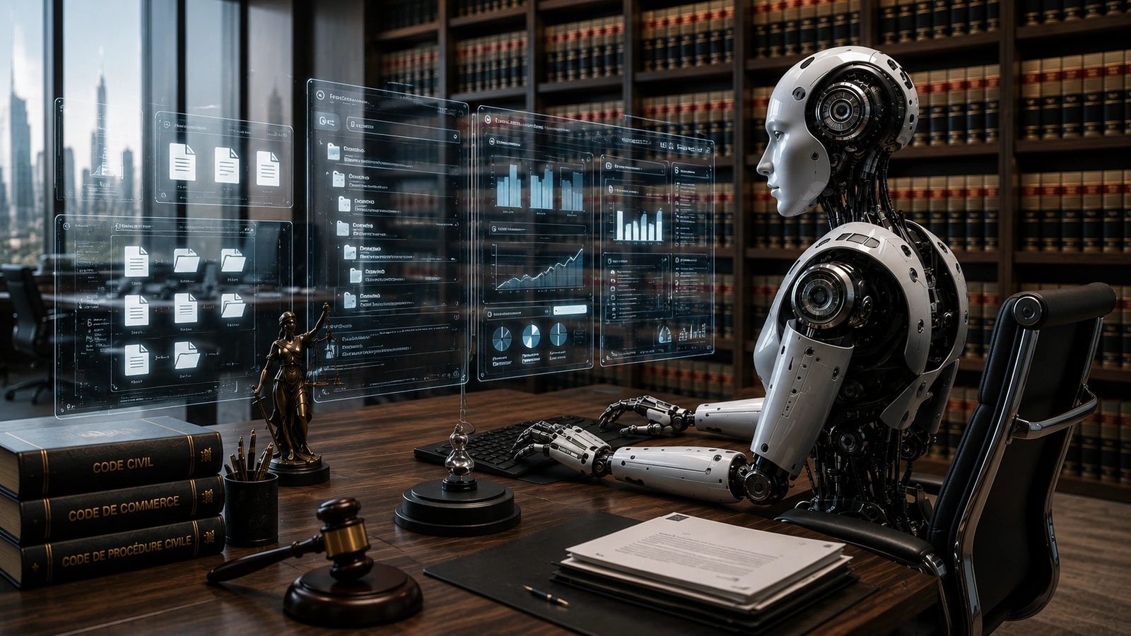 Robot umanoide davanti a dashboard giuridiche in una biblioteca legale