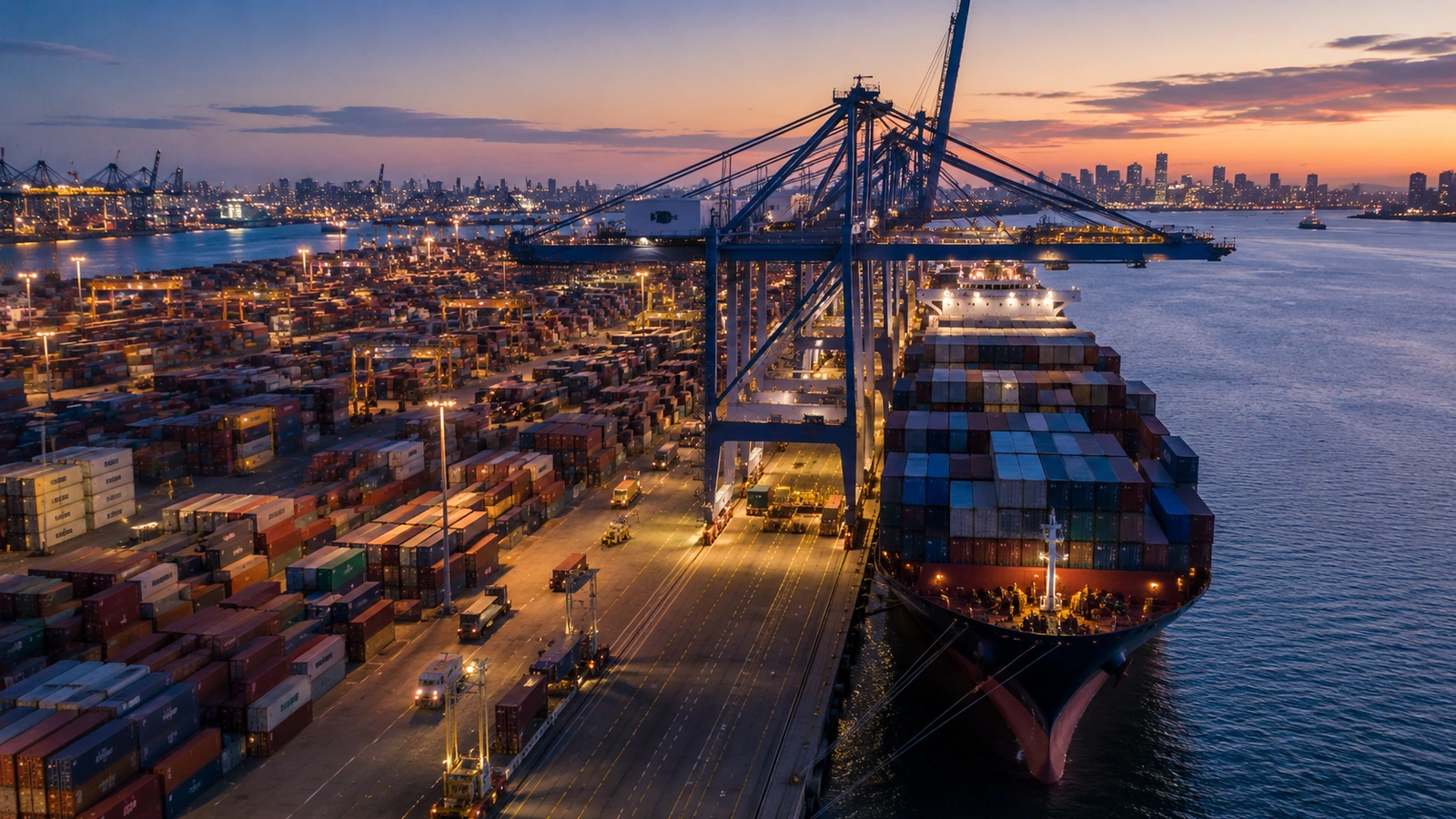 Container port at dusk with ship and cranes