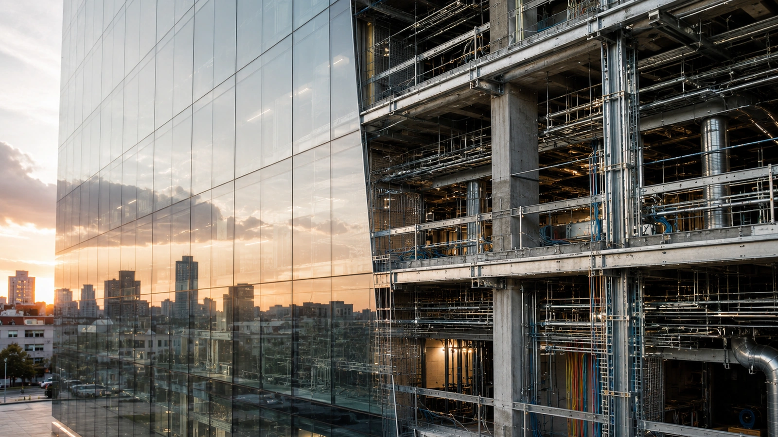 Glass facade beside exposed building infrastructure under construction