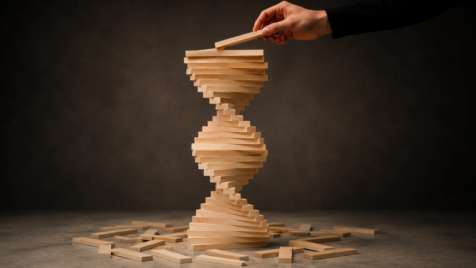 Hourglass-shaped stack of wooden blocks being adjusted by a hand