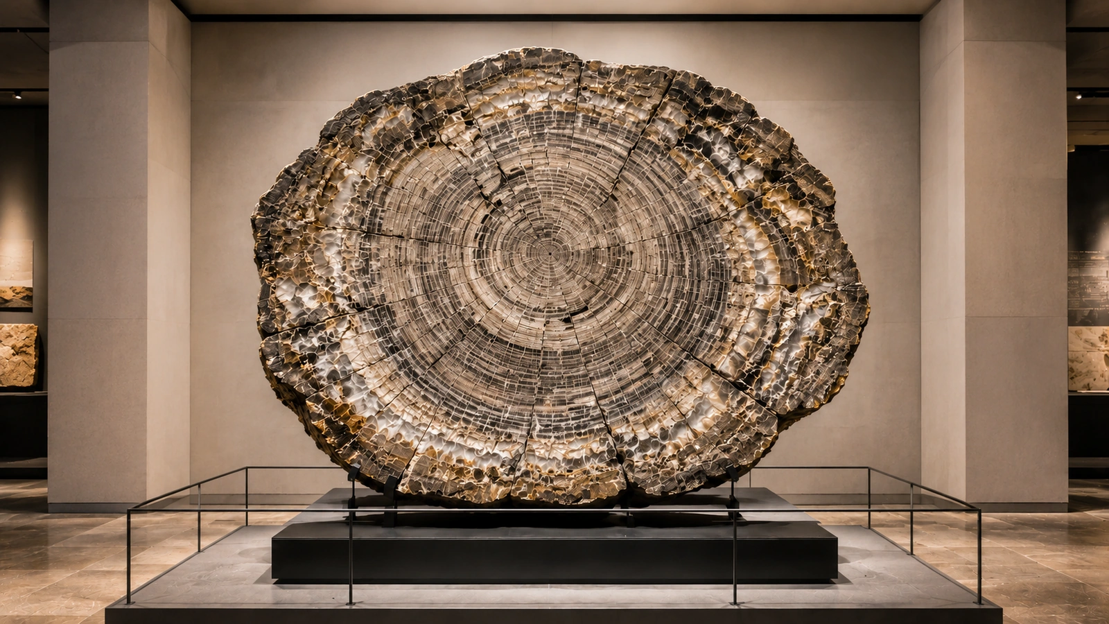 Grande sezione di legno antico esposta in un museo