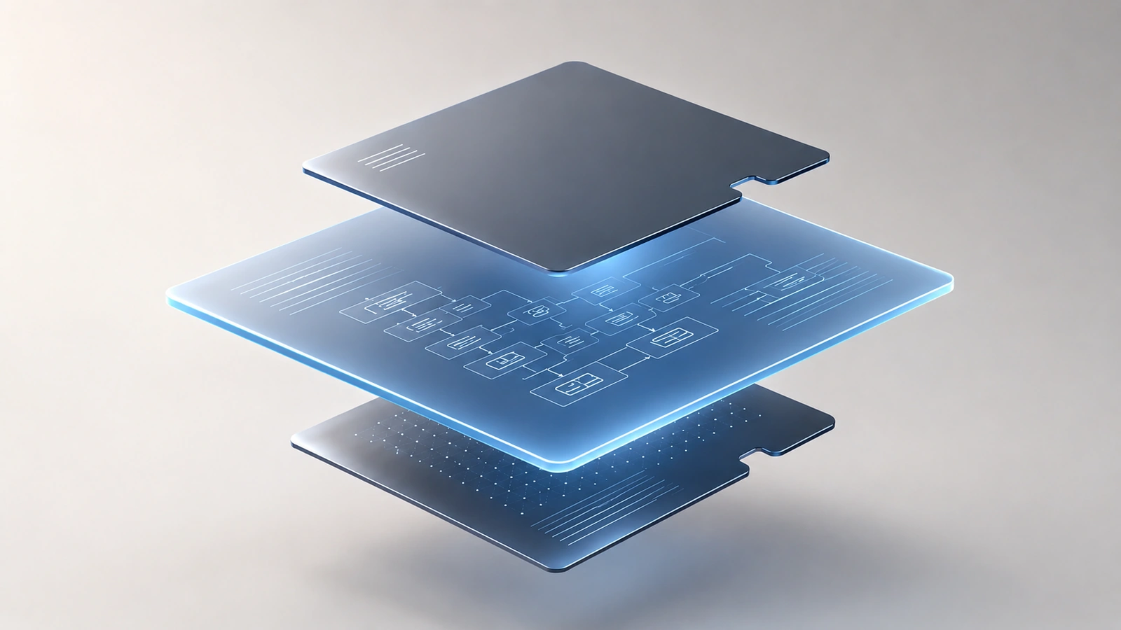 Tre livelli tecnologici traslucidi sospesi uno sopra l’altro