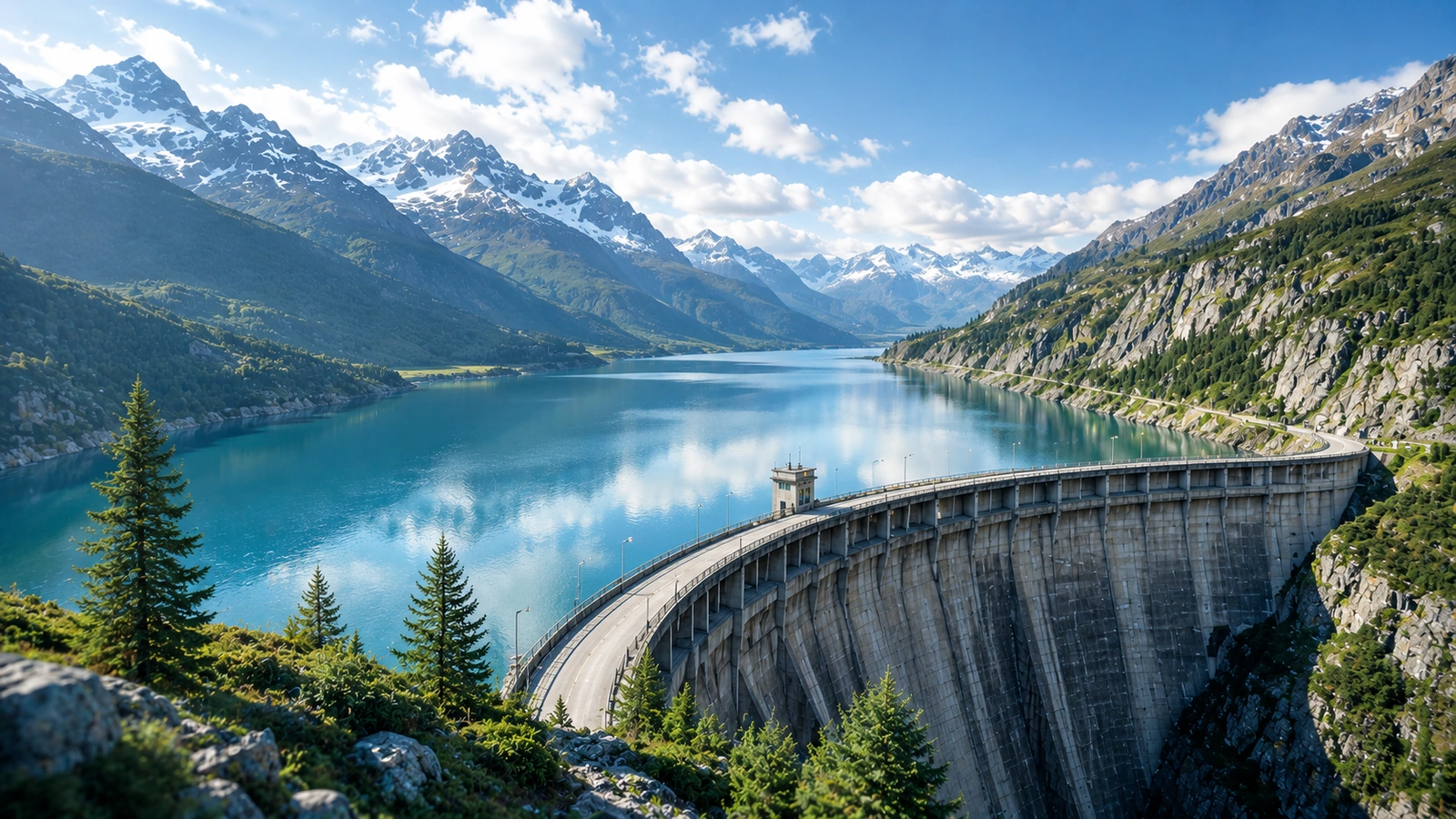 Diga e lago di montagna in piena luce