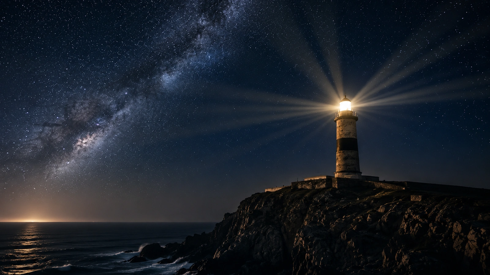Lighthouse beam shining over a dark sea under the stars