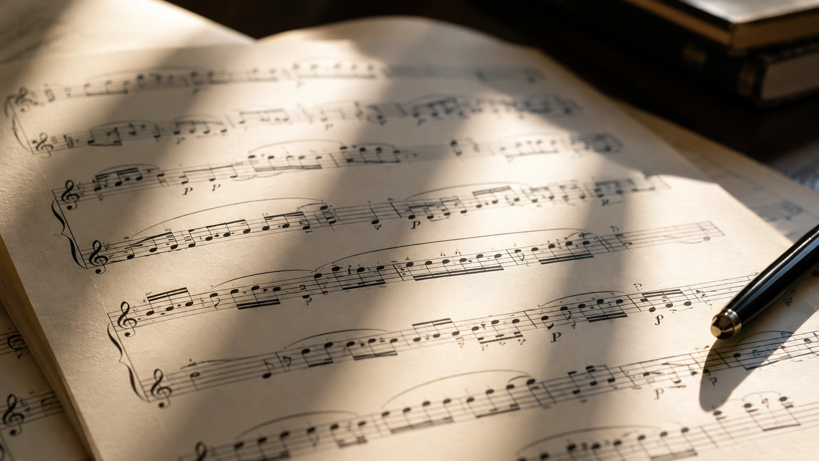 Spartito musicale in luce calda con una penna accanto