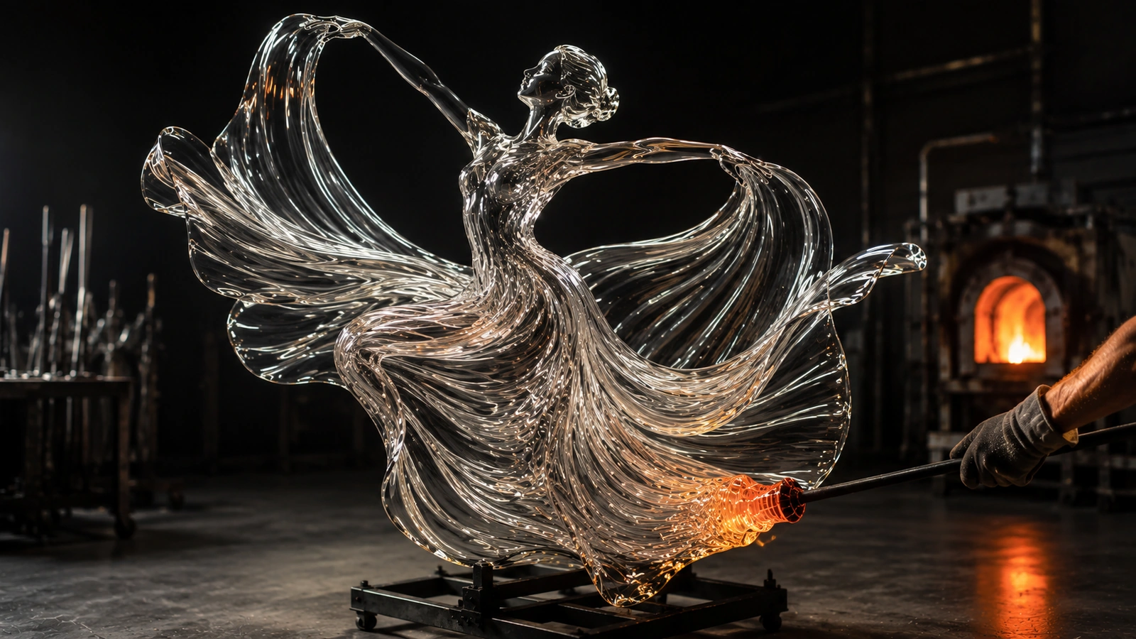 Glass dancer sculpture being shaped in a hot workshop