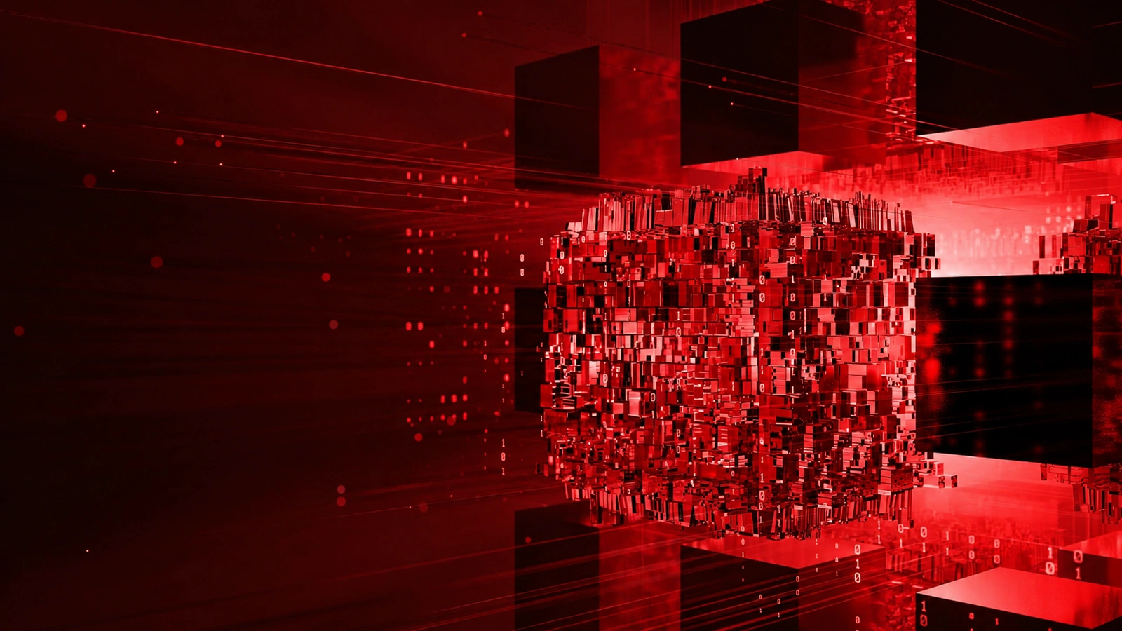 Red digital cubes and data blocks in motion
