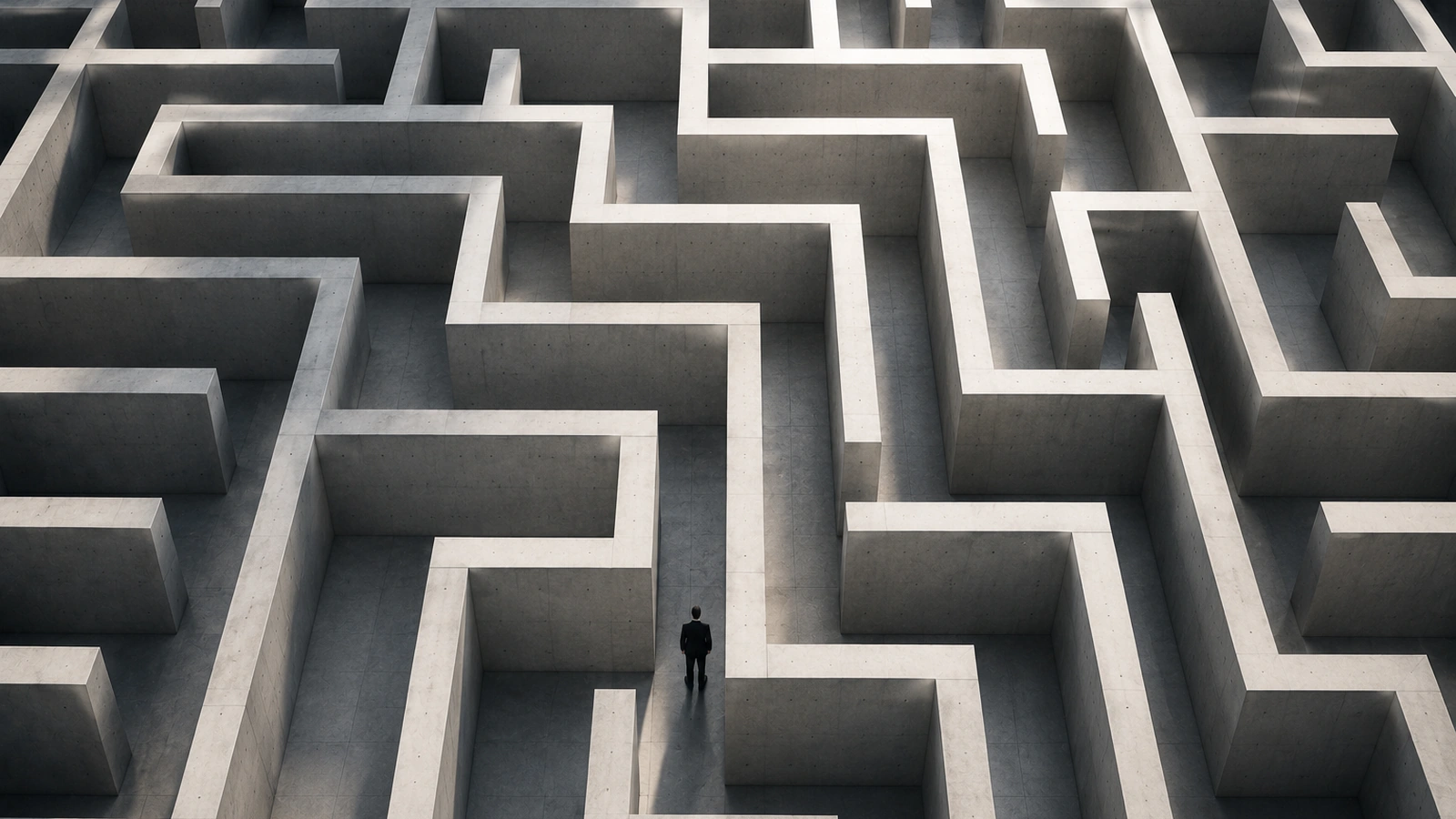 Concrete maze seen from above with a lone figure at the center