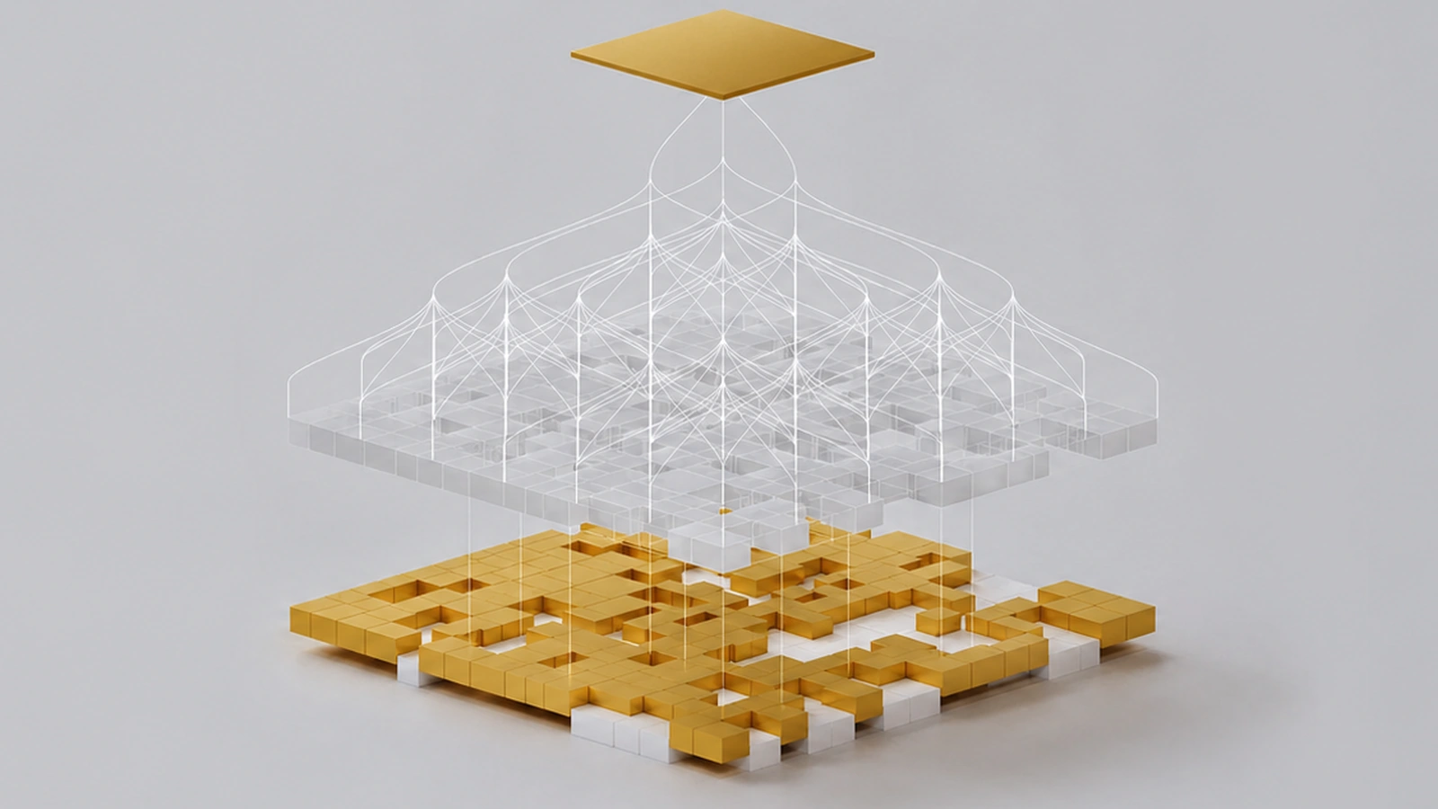 Gold and translucent architectural layers above structured blocks